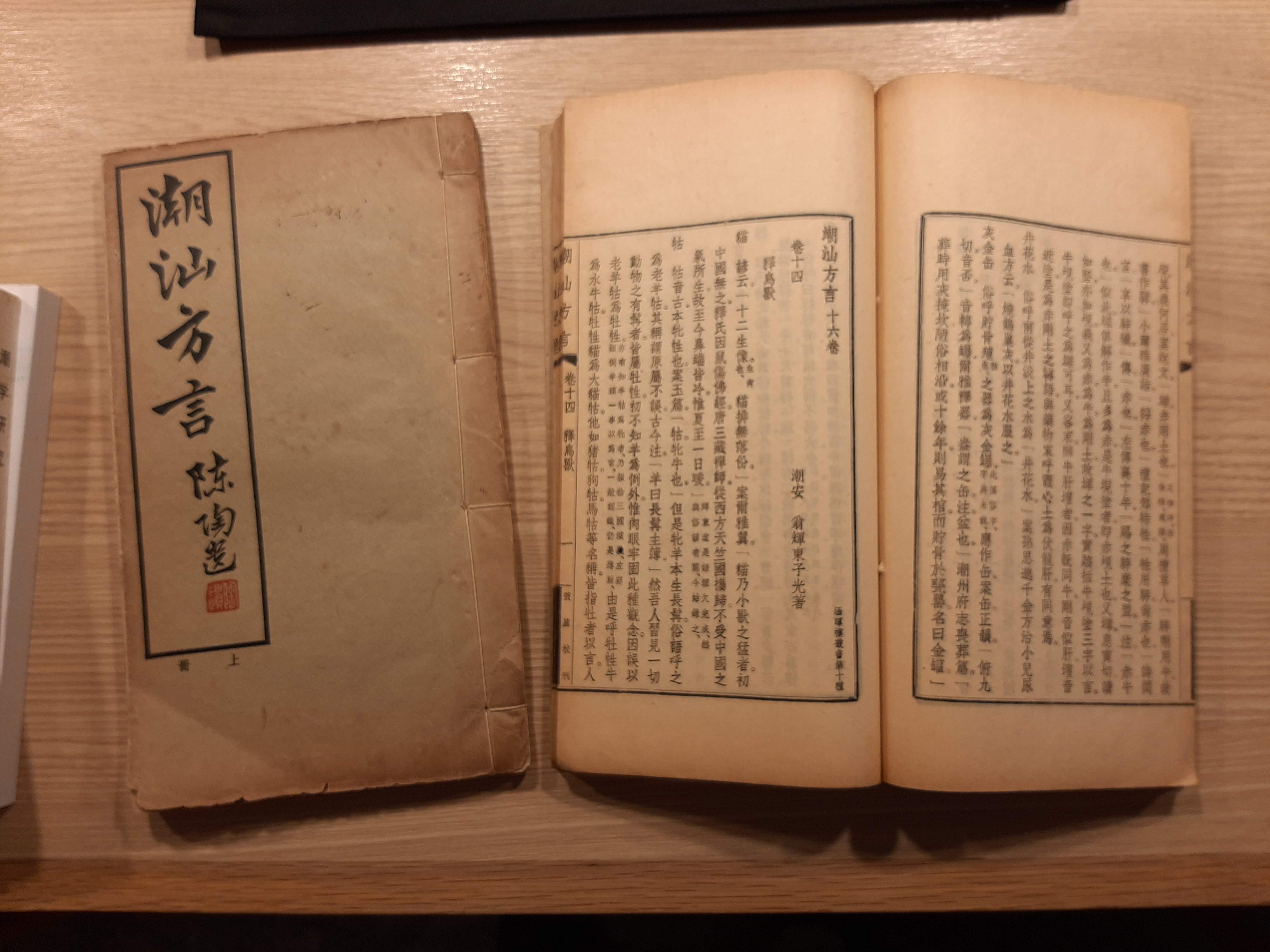 Thread-bound Teochew dictionary on table, one volume opened